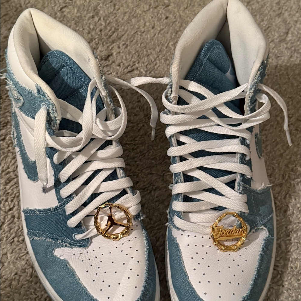 Denim blue/white Jordans (with frayed denim panels + gold locks)